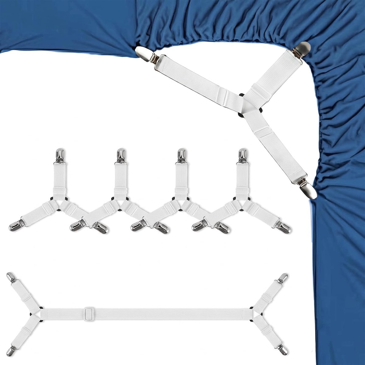Lakenspanners, lakenspanners met metalen clips, bevat 4 driehoekige en 1 4-weg hoeslakens, lakenspanner voor matrassen en banken, wit