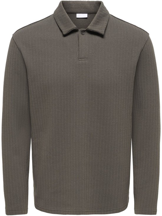 Donkergrijze poloshirt met lange mouwen, kraag en knoopsluiting, in een fijn gebreide kwaliteit.