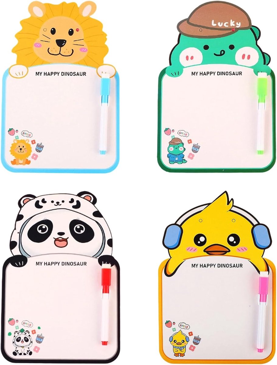 Whiteboard klein, mini-whiteboard voor kinderen, set van 4 mini-whiteboards, klein voor kinderen, afwisbaar schilderbord met schattige diermotieven, klein whiteboard om te tekenen en te