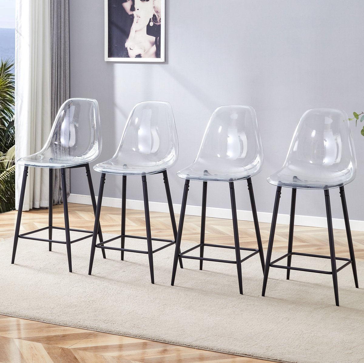 MODENUIT Barkruk 43 x 50,8 x 101,6 cm - Kunststof Zitting Met Rugleuning - Keuken En Bar - Zwart Metaal Transparant