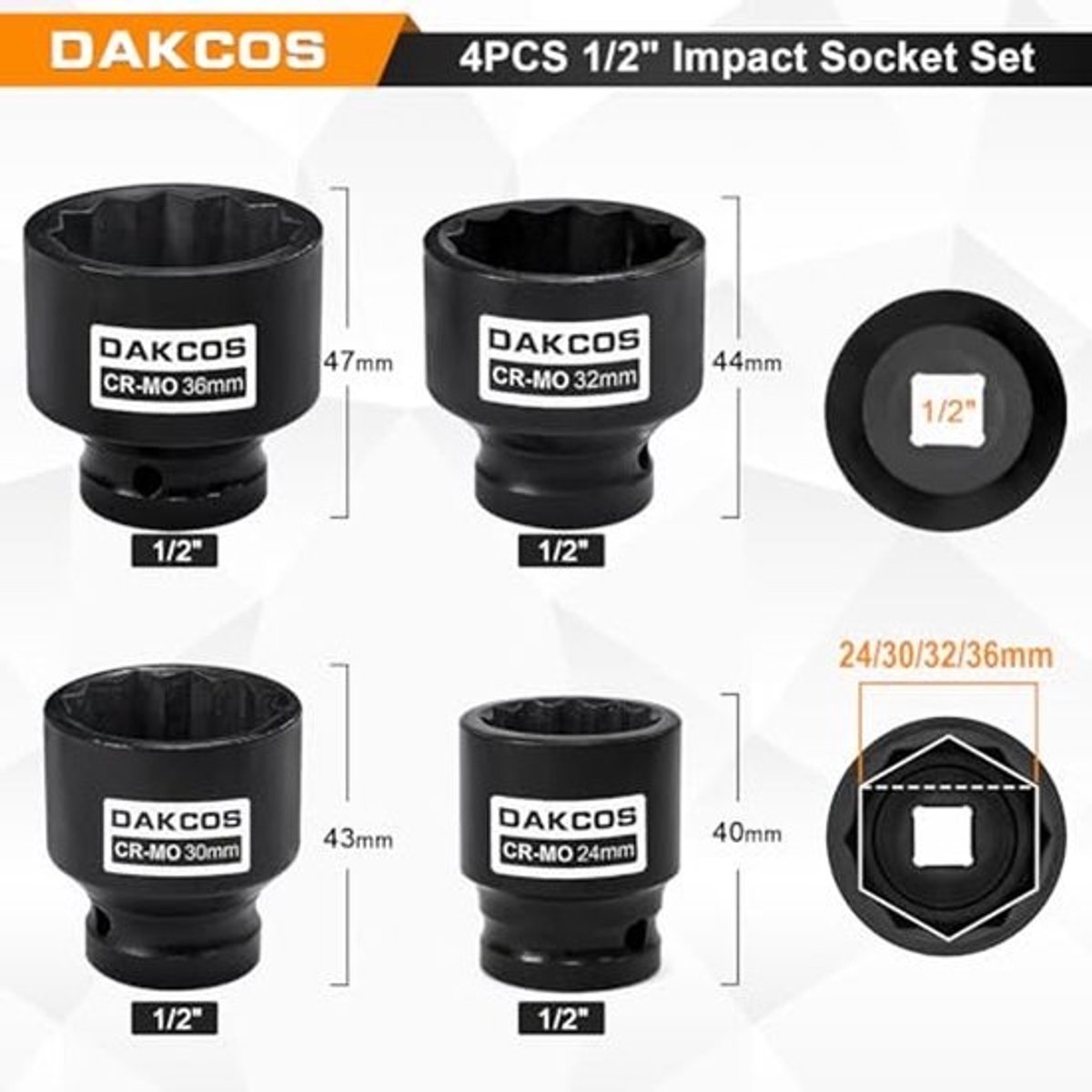 Slagmoerdoppen Set van 4 - 24mm, 30mm, 32mm, 36mm - 1/2" Dopsleutels met 12-Kant Profiel
