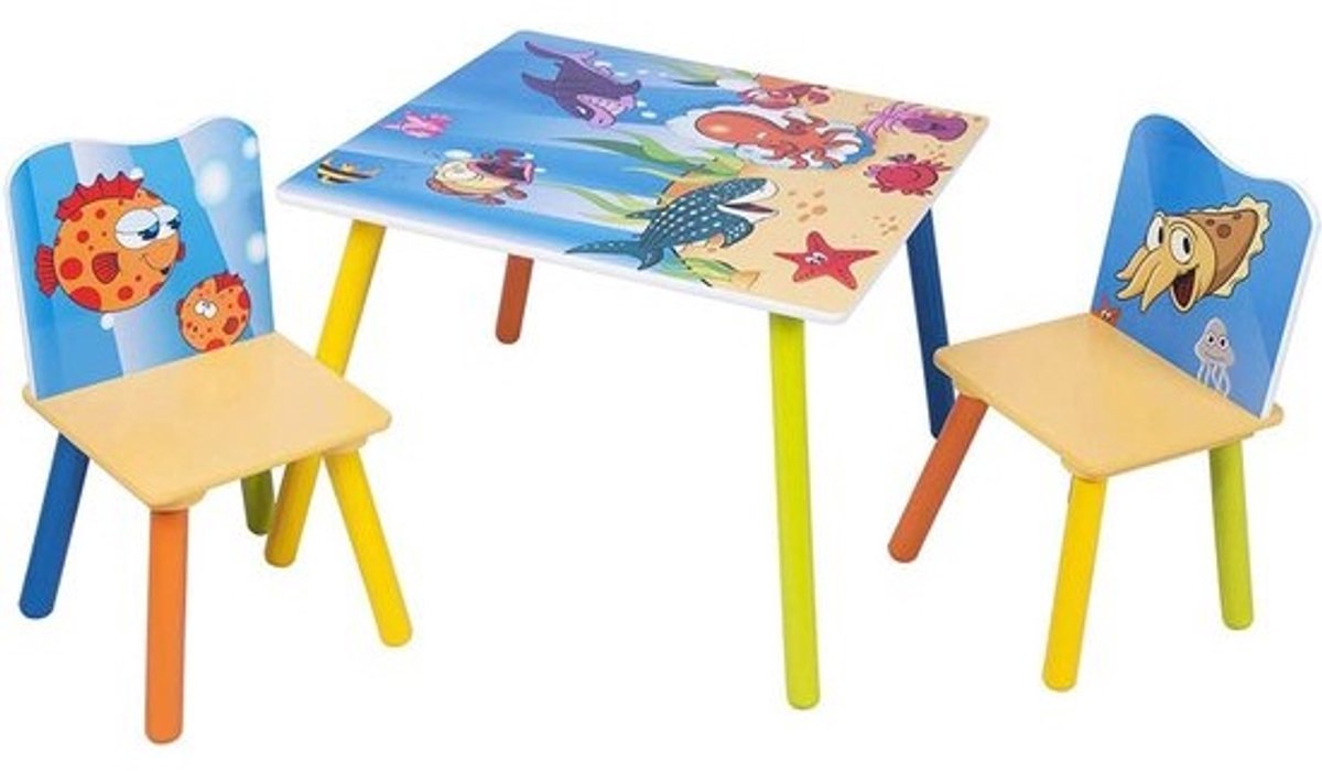 Kamyra® Kindertafel en 2 Stoeltjes - Kindermeubels, Tafel, Tafeltje - Voor Peuter, Kleuter & Kinderen - Hout - Zeedieren