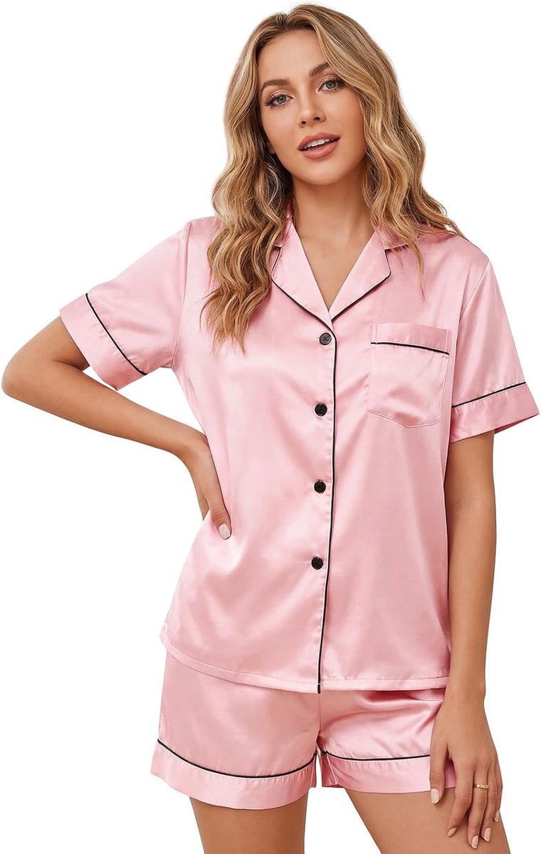 Pyjama voor dames, satijn, pyjamaset, kort, tweedelig, zomer, met knoopsluiting