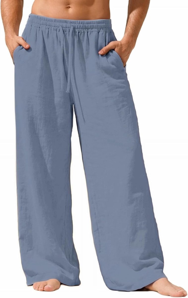 Broek katoen linnen heren zomer breed licht ademend 3 zakken elastische tailleband trekkoord comfortabele brede pijpen yogabroek vakantie casual thuis strand