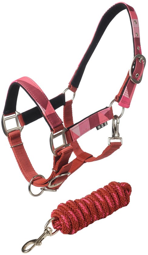 Rood halster met roze ruitpatroon en bijpassend roze met rood gevlochten halstouw.