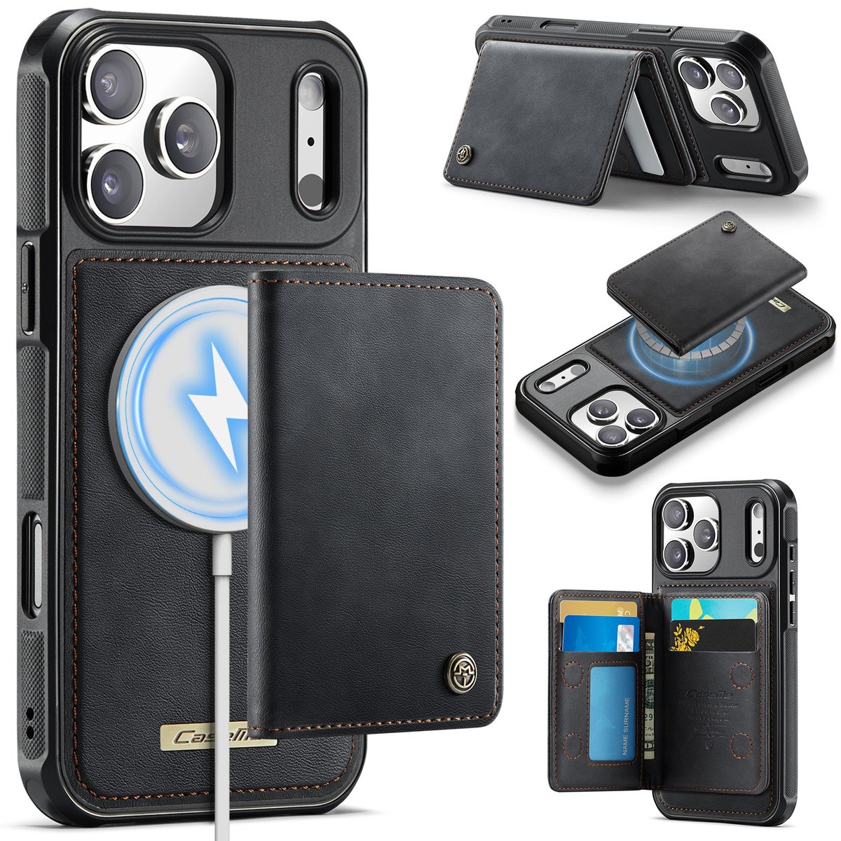 CaseMe Hoesje - Geschikt voor iPhone 18 Pro Max / 17 Pro Max Hoesje - CaseMe ME80 Leather Back Cover - MagSafe Kaarthouder - Zwart