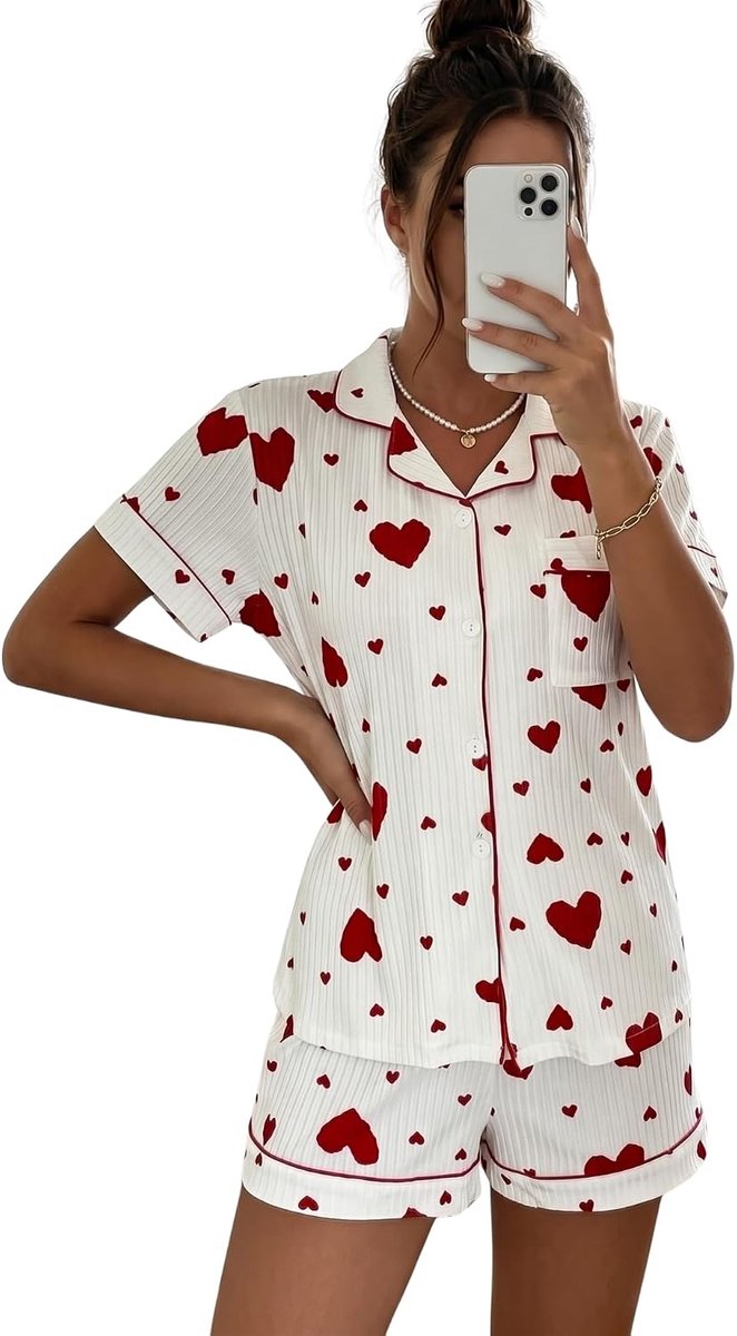 damespyjama, set van 2 stuks, V-hals, top met knopen + broek, nachthemd met hartprint