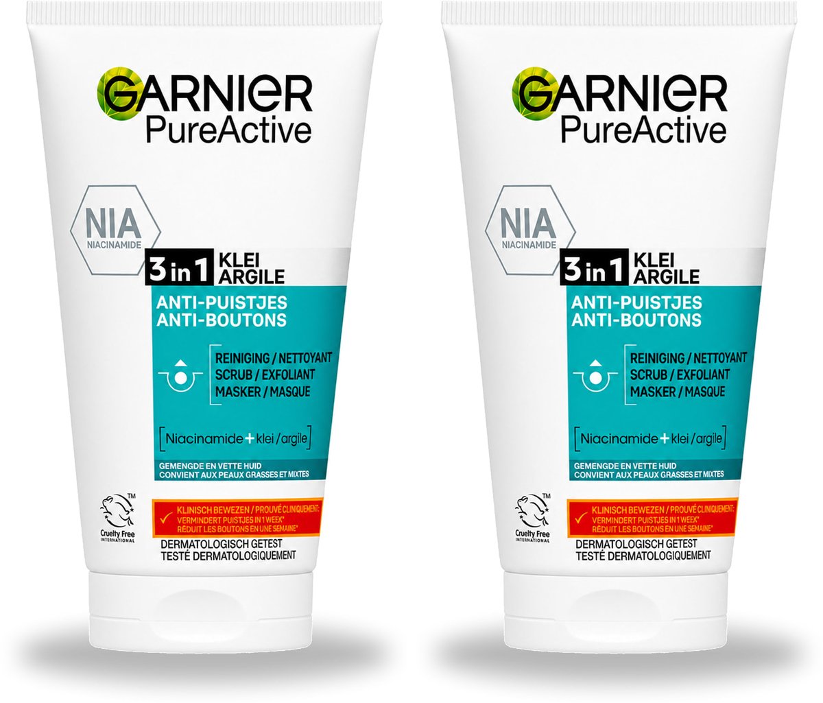 2 x Garnier - Pure Active - 3-in-1 Reiniging Scrub Masker - Tegen Puistjes & Onzuiverheden - Klei & Niacinamide - 150 ml - Bulkverpakking - 2 stuks
