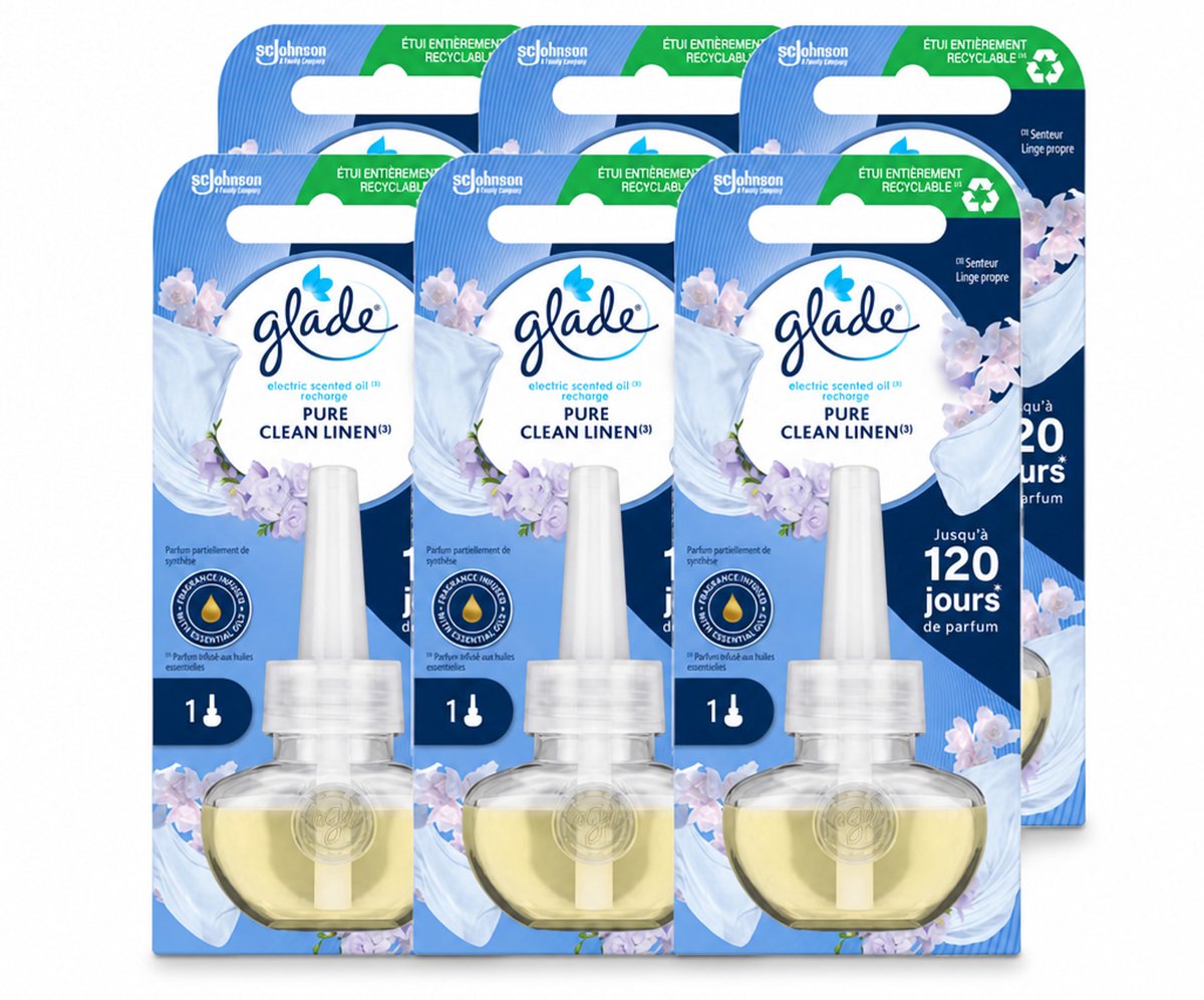 6 x Glade - Navulling Elektrische Olie - Pure Clean Linen - Zonder Houder - Voordeelverpakking - 6 stuks