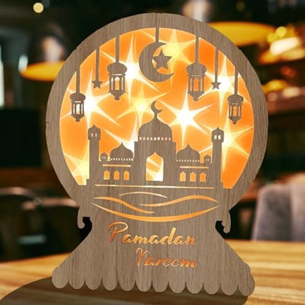 Decoratieve houten lamp voor Ramadan en Eid Mubarak - LED halve maan lantaarn voor binnen