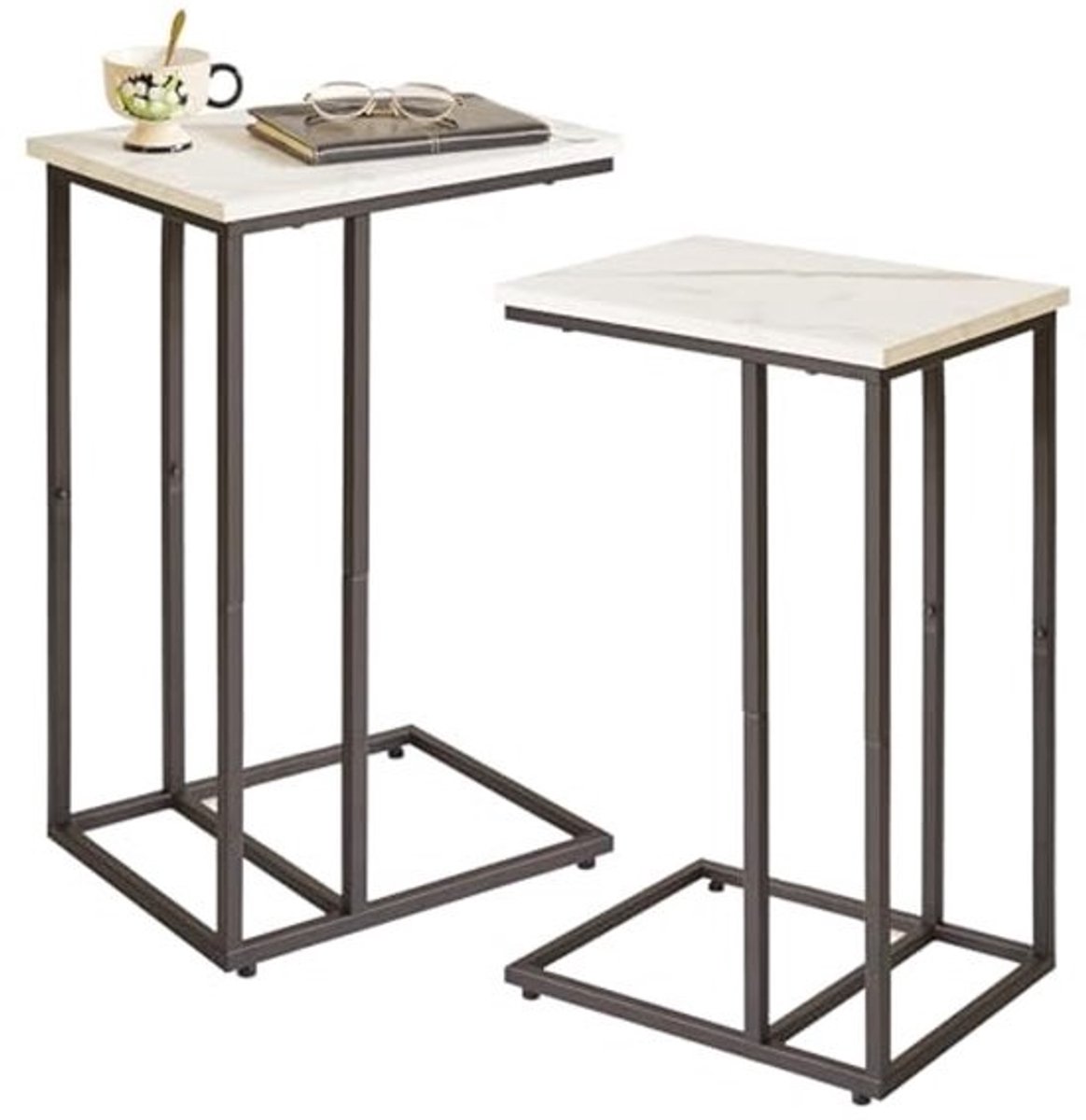 C-vormige Bijzettafel met Metalen Frame - Witte Kunstmarmeren Afwerking voor Woonkamer en Slaapkamer