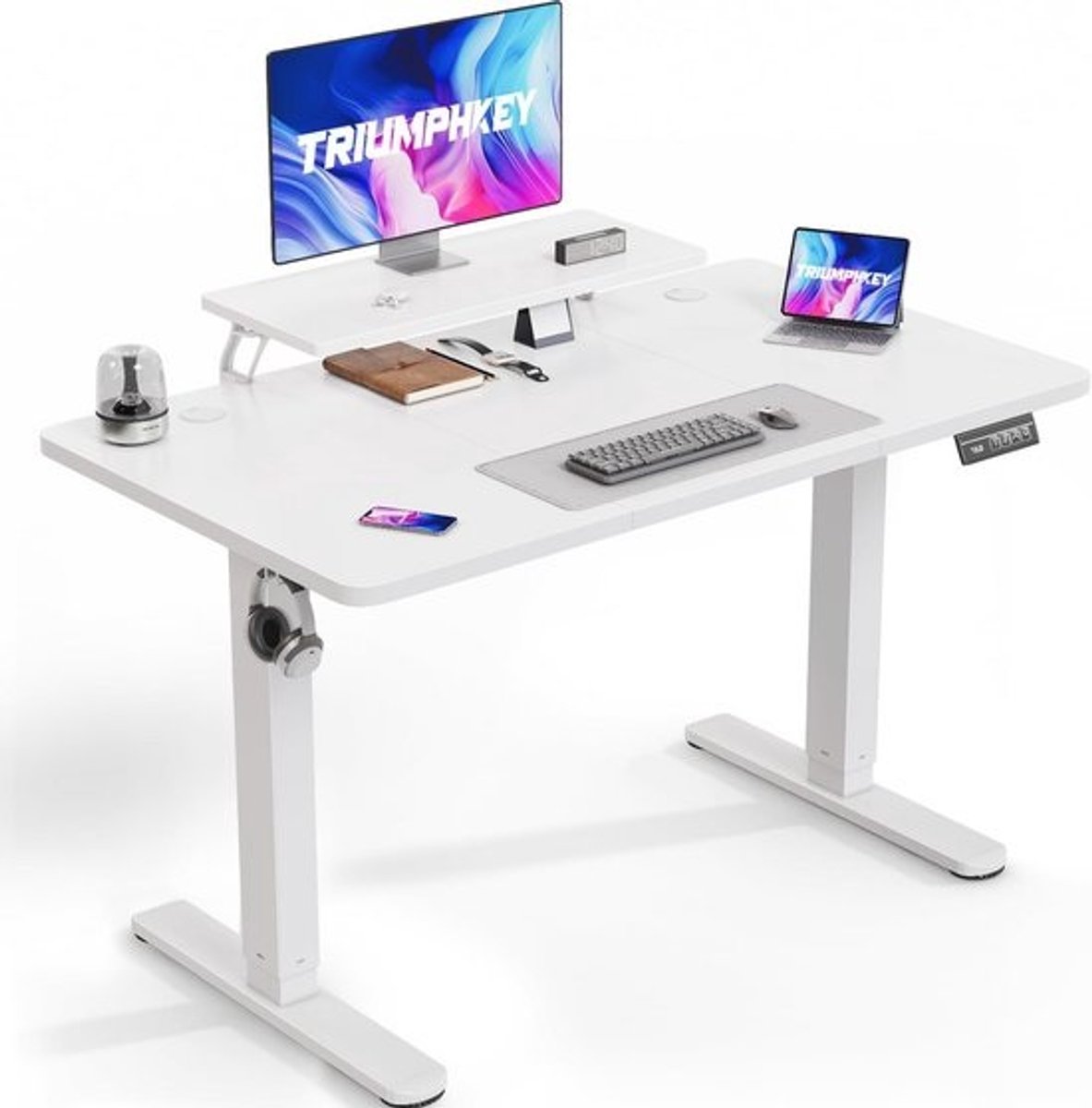 In hoogte verstelbare elektrische werktafel met monitorplanken en opbergplank - 120 x 60 cm voor thuiskantoor