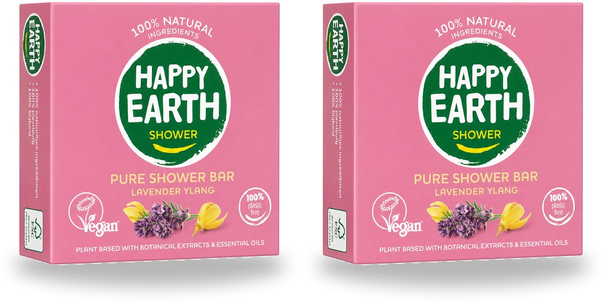 2 x Happy Earth – Shower Bar – 100% Natuurlijk Lavender Ylang – 90 g - Voordeelverpakking - 2 stuks
