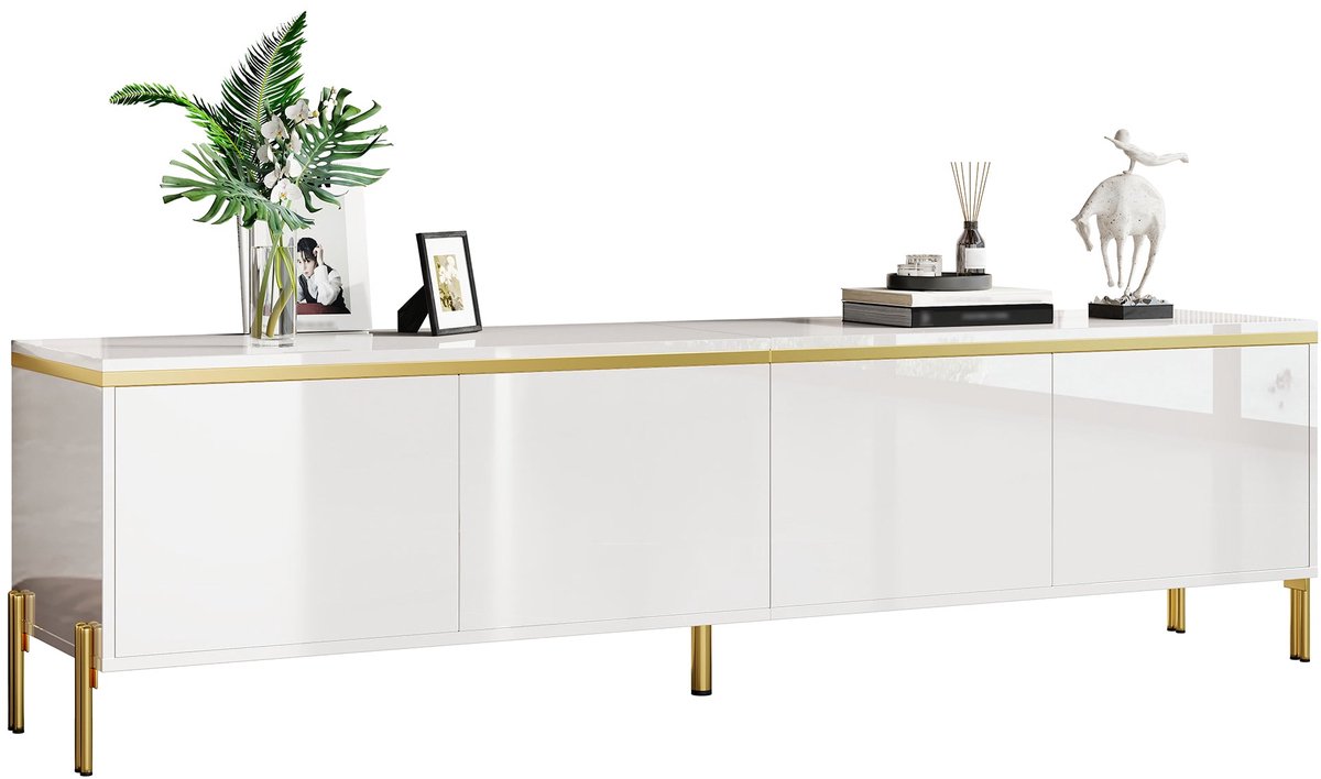 Merax Televisiekast - 170 x 38 x 50 cm - 4 Deuren - Hoogglans Wit - Goudkleurige Details - Kabeldoorvoer - Ruime Opbergruimte