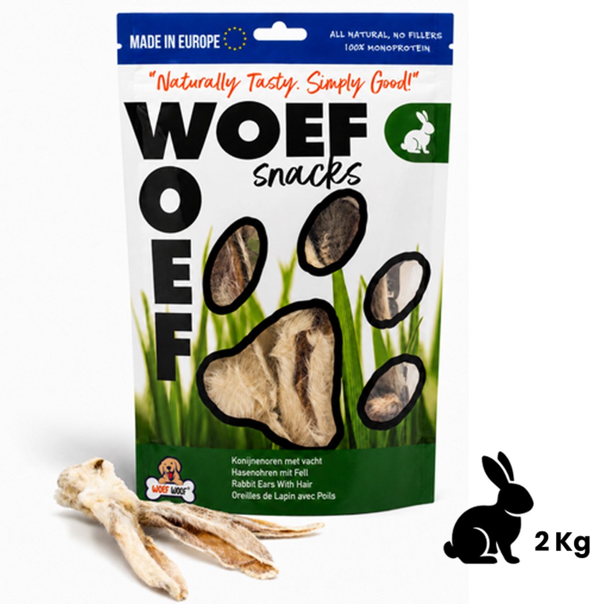 Woef Woef Snacks Hondensnacks Konijnenoren met haar - 2.00 KG - Kauwsnacks - Gedroogd vlees - Konijn - Vanaf 3 maanden - Geen toevoegingen