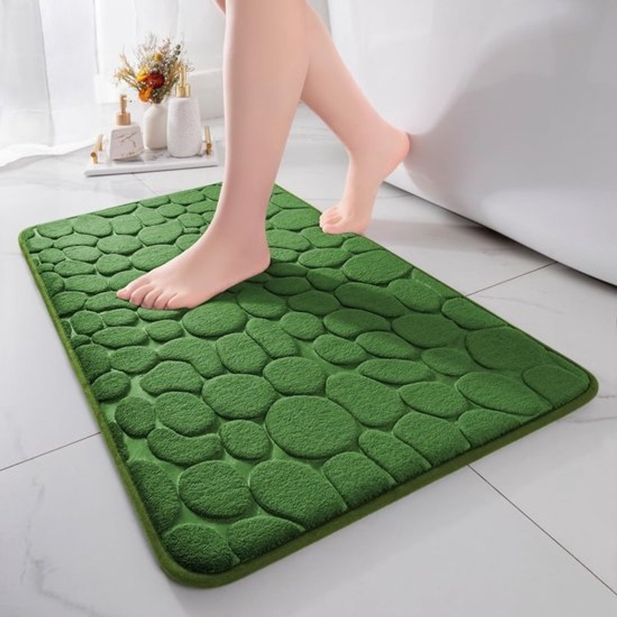 Thijox - Badmat van memoryschuim - 43 x 61 cm - Antislipdouchemat - Absorberend badtapijt - Decoratieve voetmat - Groen - voor badkamer en woonkamer