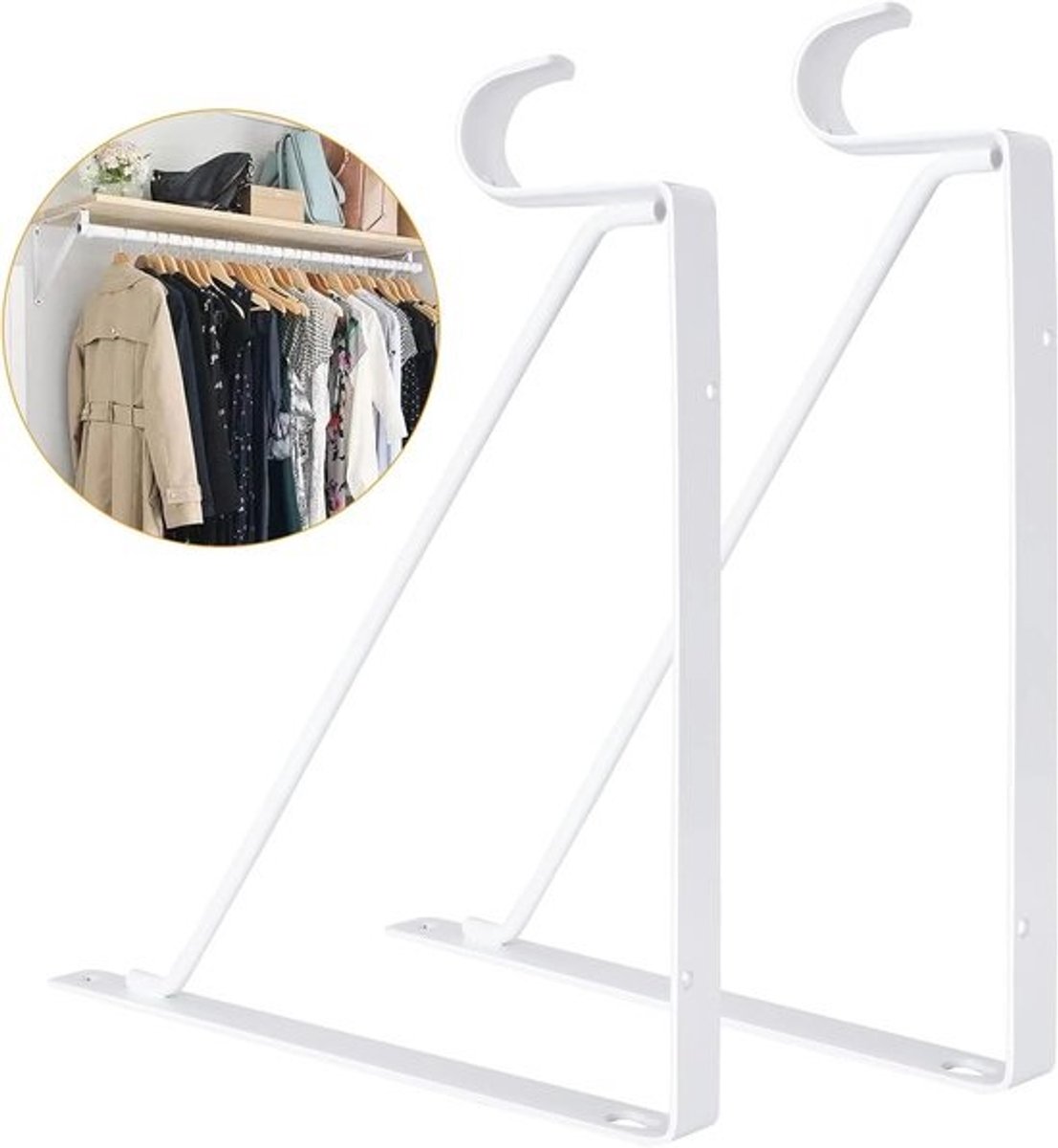 Set van 4 zware kaststangbeugels - Witte kaststang-, planksteun- en wandgemonteerde plank- en stangsteunbeugels met schroeven - 28 x 240 x 3 cm (280 x 240 x 3 mm - D x H x B)