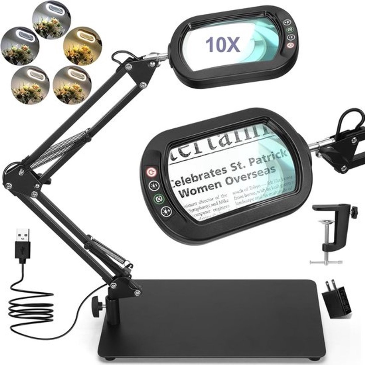10X vierkante loep met licht en statief - Echte glazen LED-loep - 5 kleurstanden traploos dimbaar - Vrijhandige loepbureau lamp met klem voor lezen - knutselen - hobby - fijn werk zwart