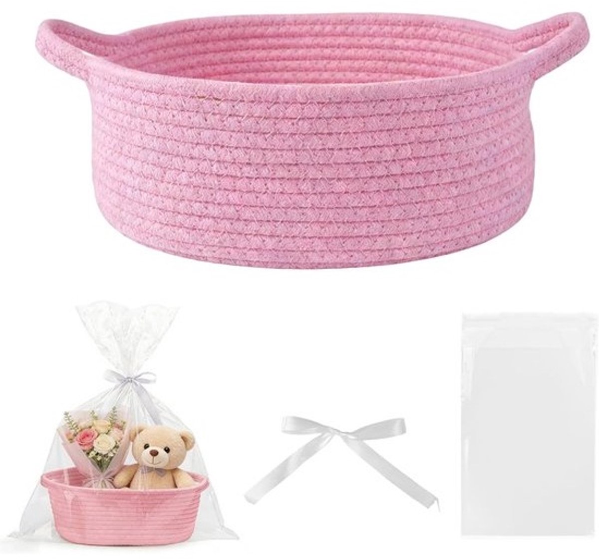 Lege cadeaumand 30 x 20 x 12 cm - geweven mand met cadeauzak en strik - roze vlechtwerk