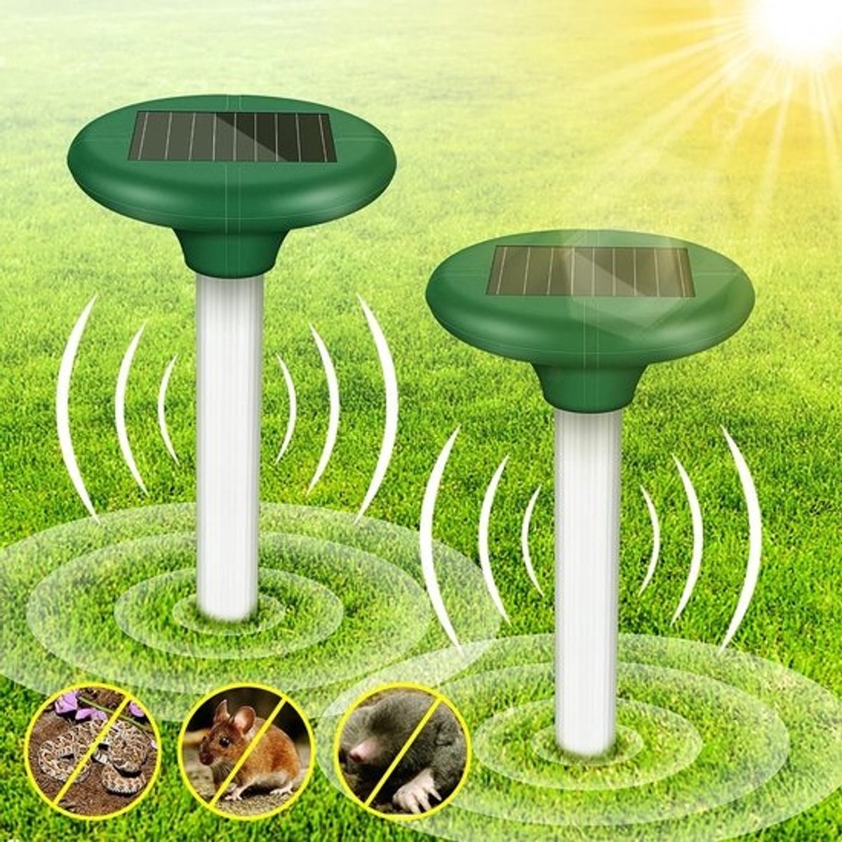 Ultrasone mollenverjager met zonne-energie: 2 stuks - waterdicht voor tuin en erf
