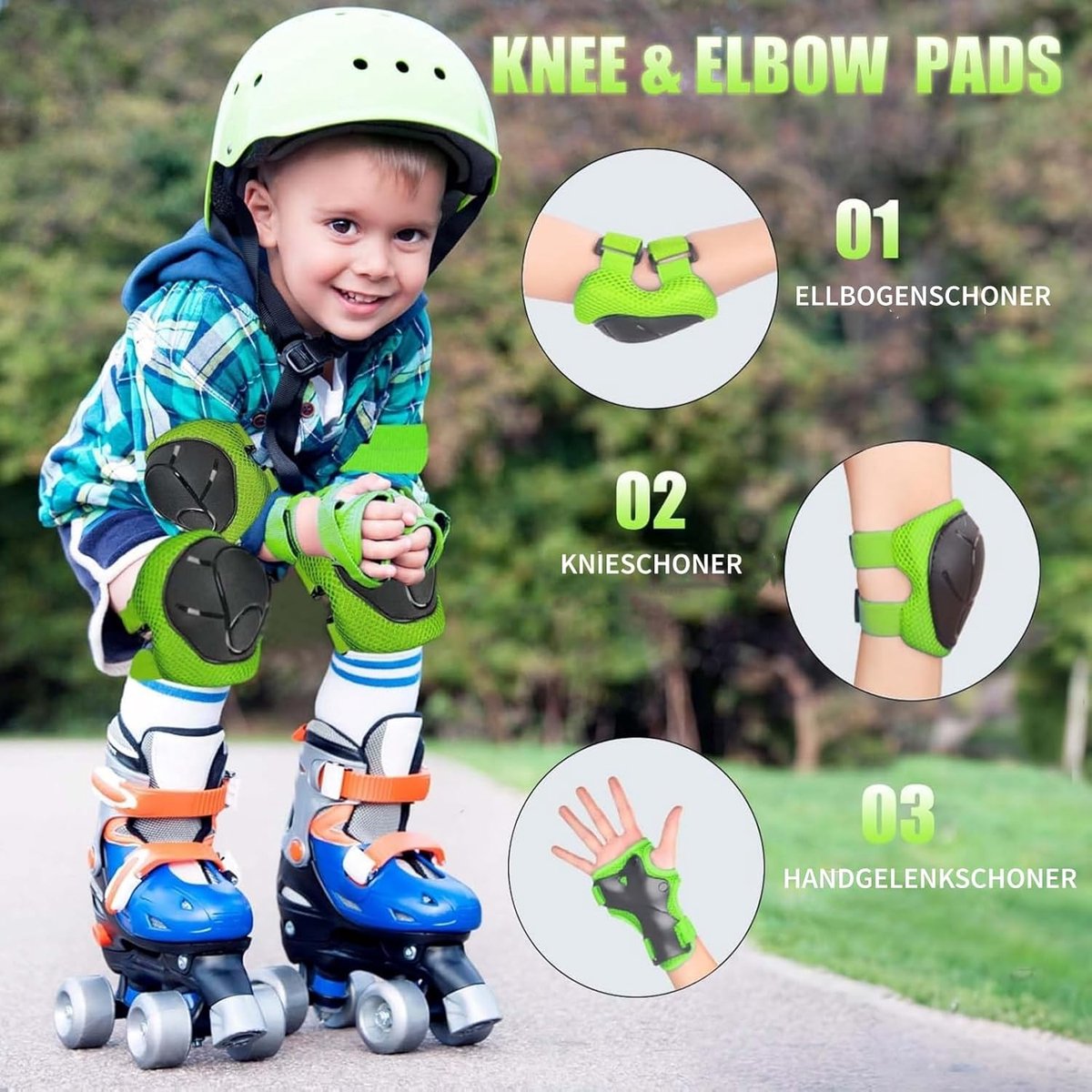 Kniebeschermers voor kinderen, set van 6 verstelbare kniebeschermers, elleboogbeschermers, polsbeschermers, beschermers, inlineskates, beschermerset voor rolschaatsen, loopfietsen, fietsen en