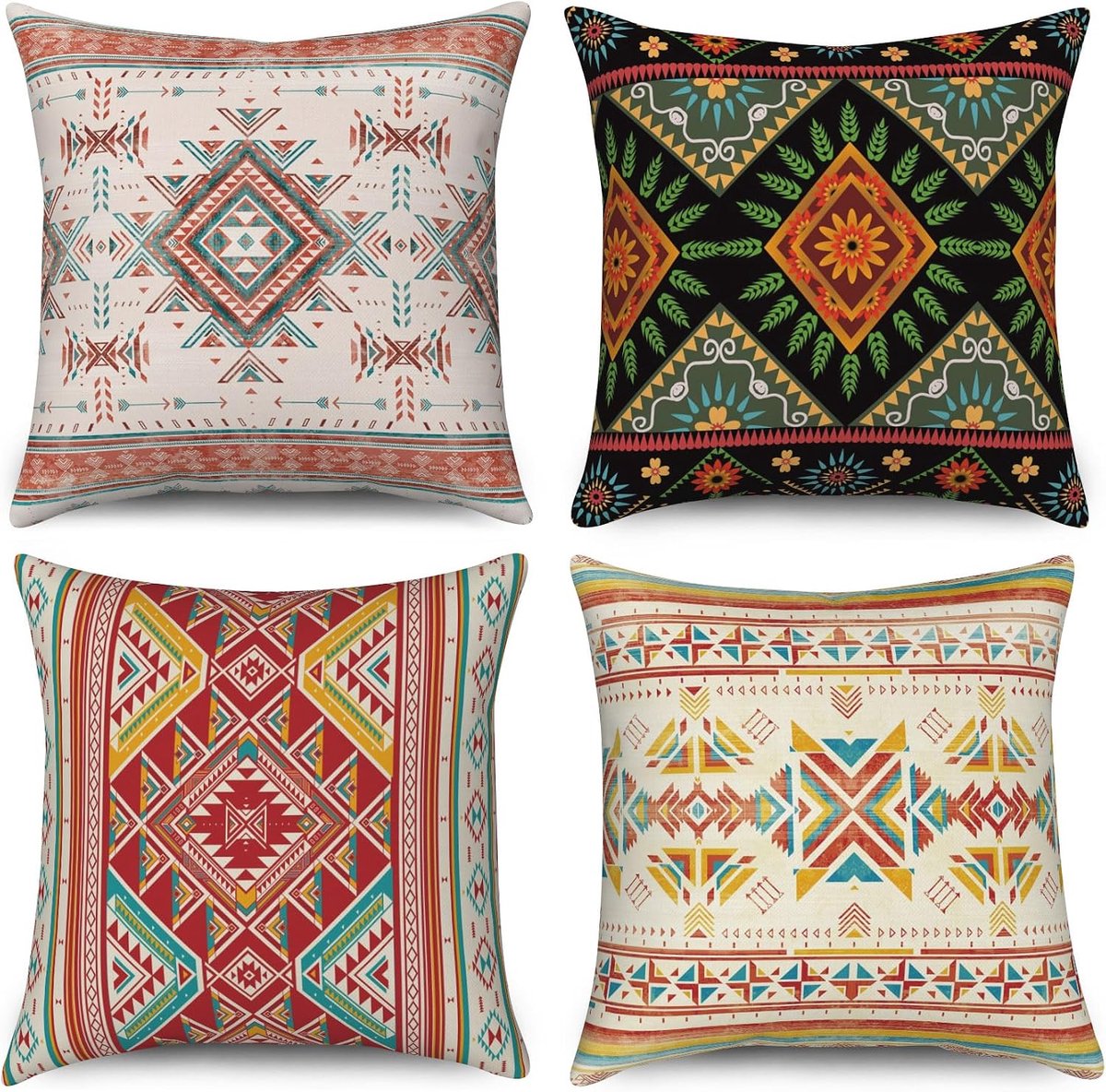 40 x 40 cm, set van 4 stuks, vintage, boho, geometrisch patroon, rood, beige, zwart, sofa, sierkussen, wasbaar, polyester, vlas, textiel, outdoor, bekleding