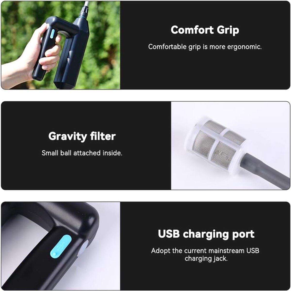 Sproeifles voor planten, 7,4 V/1 A, elektrische tuinsproeier met 3 verstelbare sproeiers en 5 m slang, USB, oplaadbaar, sproeiapparaat