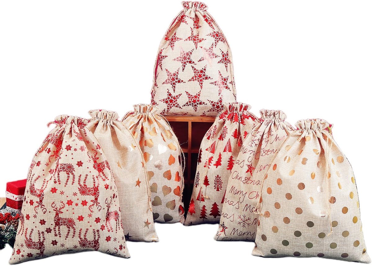 8 STKS Kerst Trekkoord Geschenkzakken, 30x40cm Kerst Jute Tassen, Grote Kerst Linnen Snoep Tas, Kerst Inpakzakken Geschenkzakjes Opbergtas voor Xmas Party Gunst Vakantie Cadeaus
