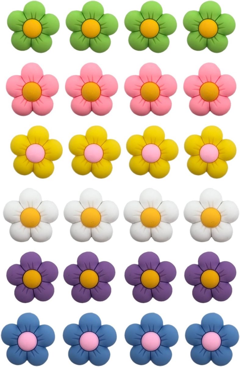 Set van 24 waterdichte bloemenschoenaccessoires - schattige kawaii-bedels voor Crocs en sandalen, decoratieve spelden voor feestjes in 6 levendige kleuren (cadeau-idee voor meisjes), 1