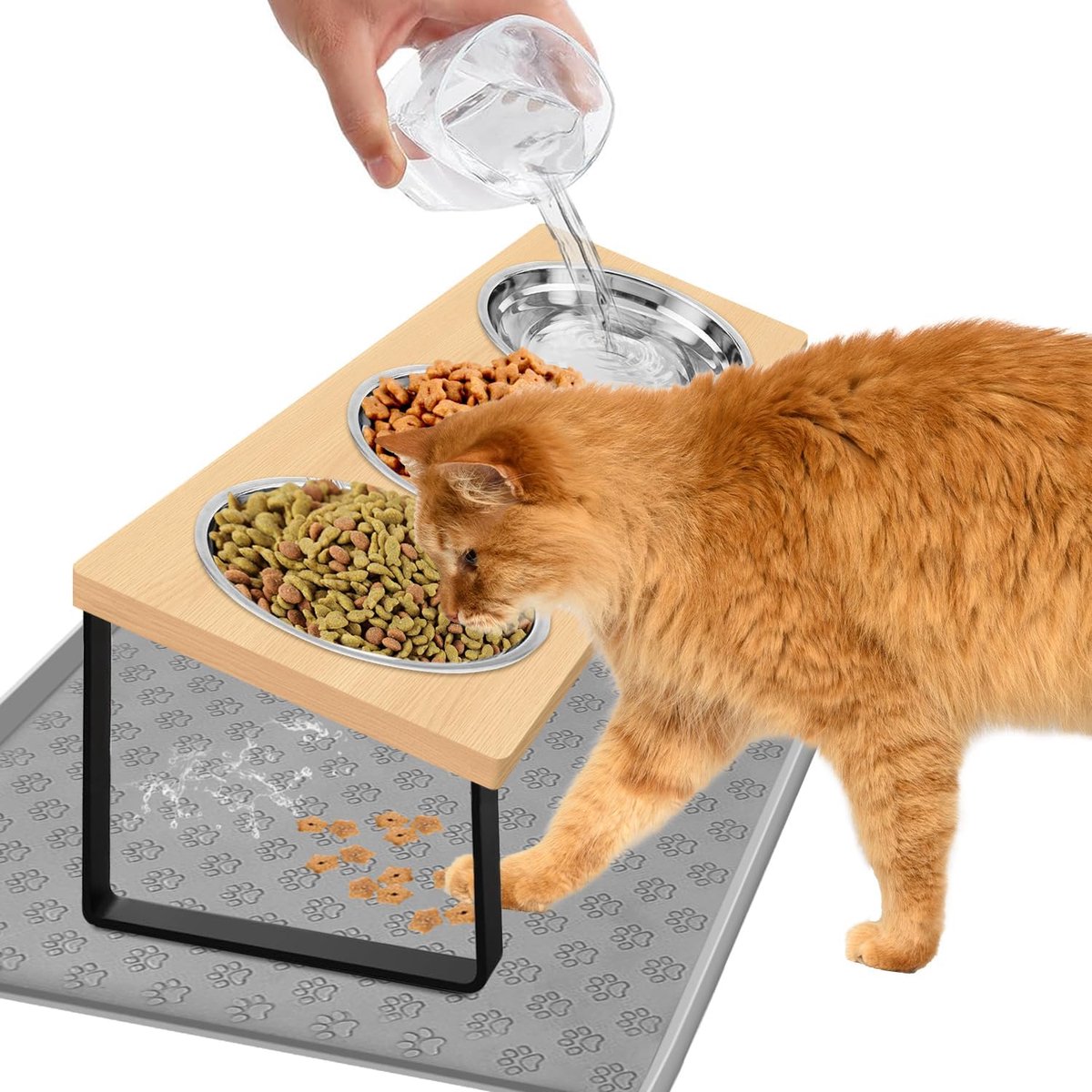 Kattenkommen met standaard gekanteld, 15° gekantelde verhoogde kattenvoerkommen, verhoogde kattenwaterbak met voedselmat, kattenvoerkommen voor water, voedsel, 3 roestvrijstalen