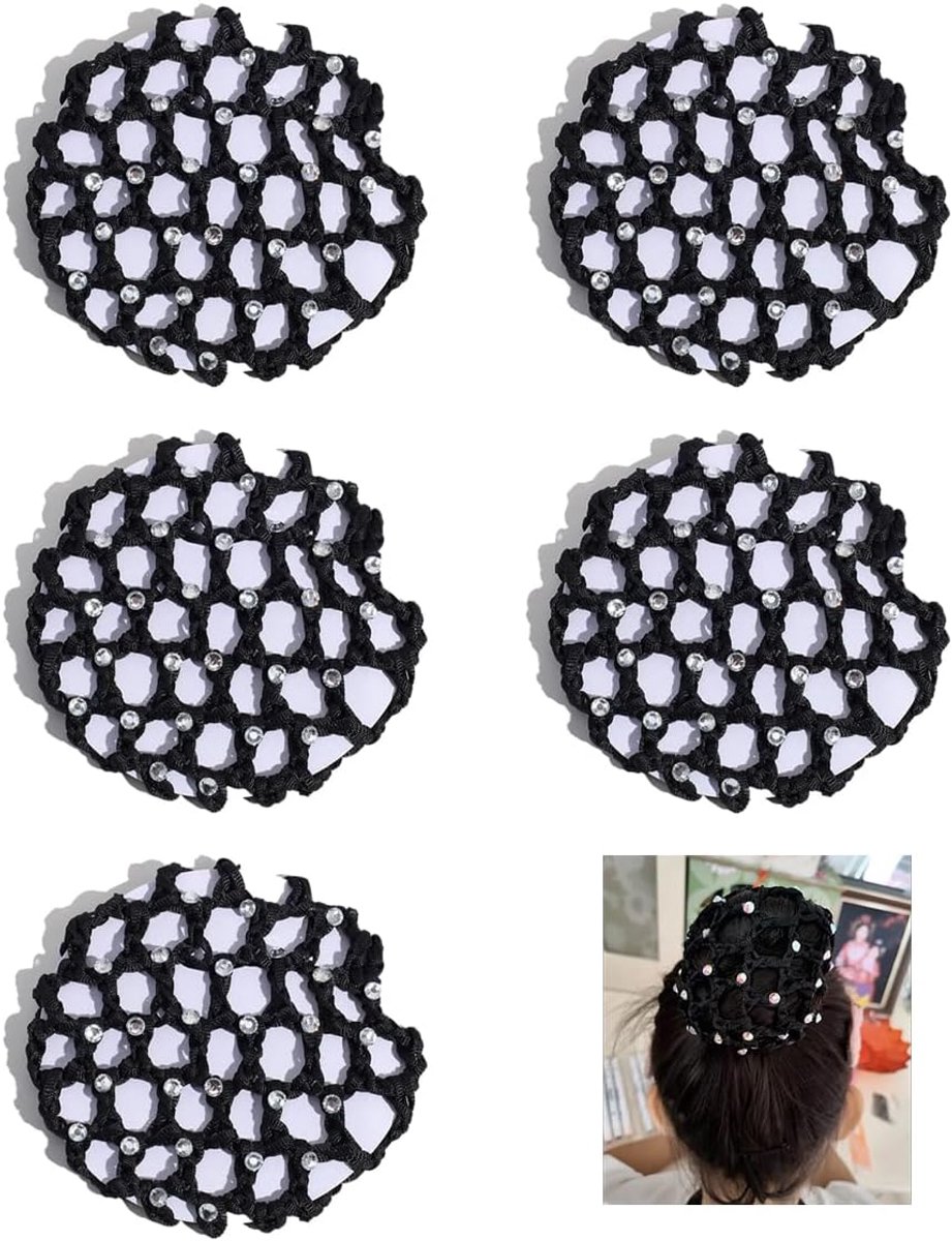 5 haarnetjes voor haarknopen, meisjes met parels, ballet bun net, haarnetje, haarnetje, haaraccessoires met strass-steentjes