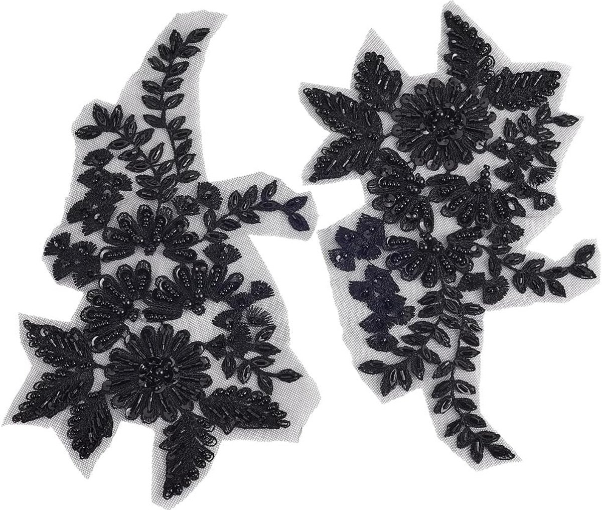1 Paar 3D Pailletten Bloem Applique Zwart Kralen Geborduurde Kant Applicaties Trim Polyester Bloemen Parel Borduurwerk Naaien Op Tule Patches Voor Naaien Maken Kleding Jurken Jurken Supply