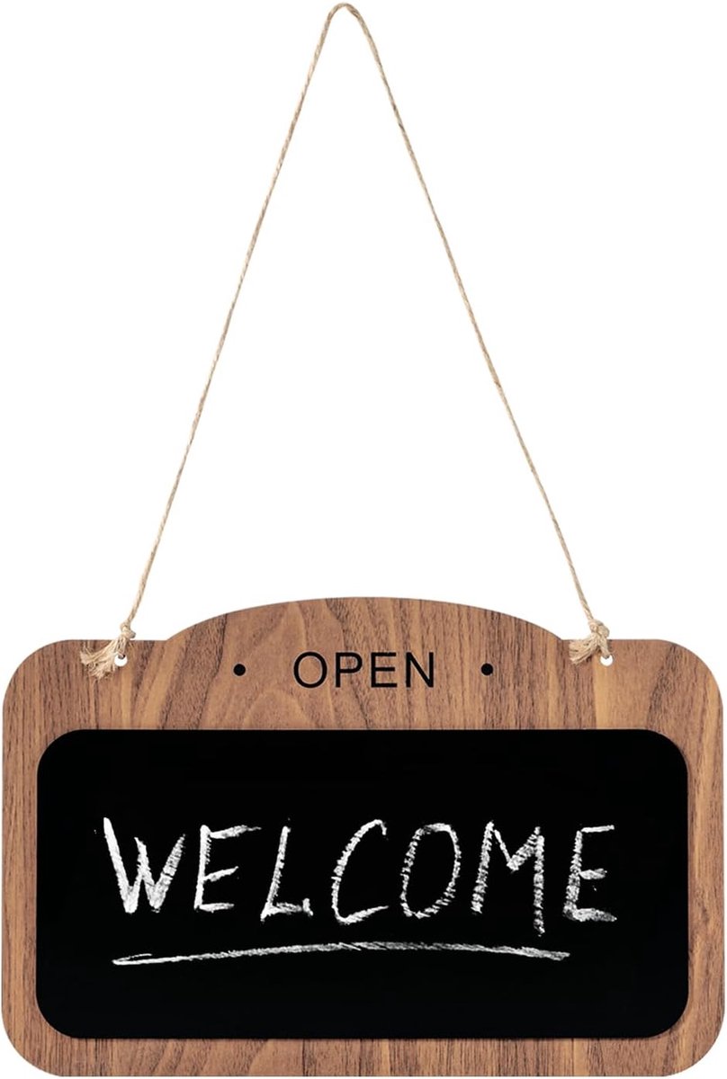 Krijtbordborden, 30 x 20 cm, 2 stuks open gesloten muur hangend krijtbord, houten dubbelzijdig uitwisbaar zwart prikbord met touw, deurbord voor kantoor, bloemist, café, winkel