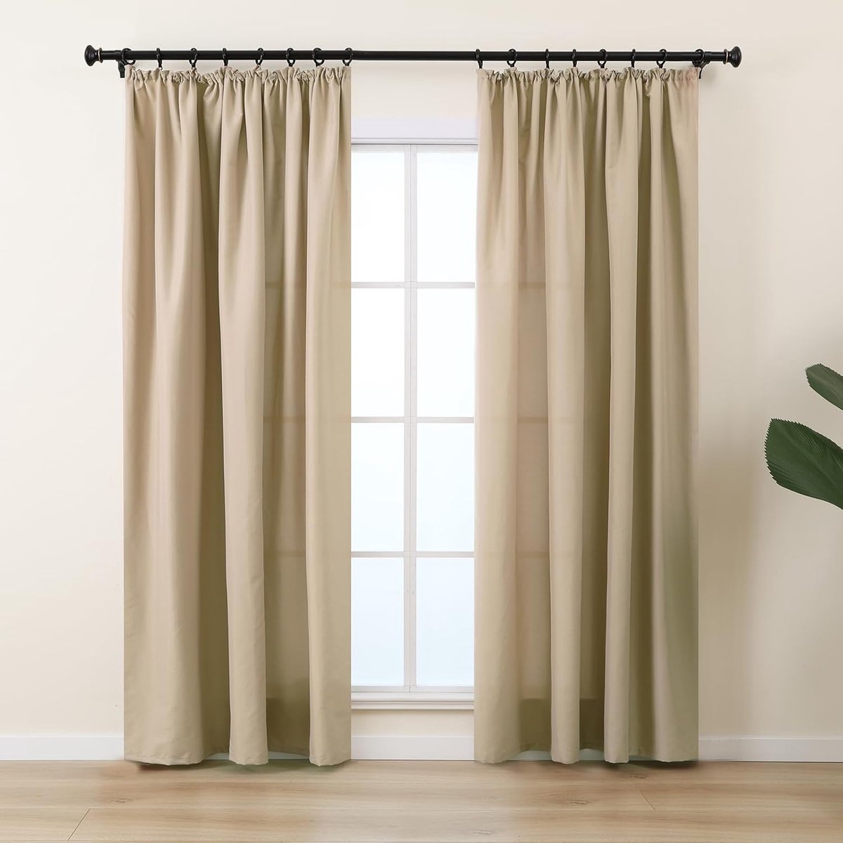 Gordijnen, zand-beige met plooiband, ondoorzichtig, 70% lichtdoorlatend, gordijn voor slaapkamer en woonkamer, dunne katoenlook voor rail railsysteem, 245 cm lang