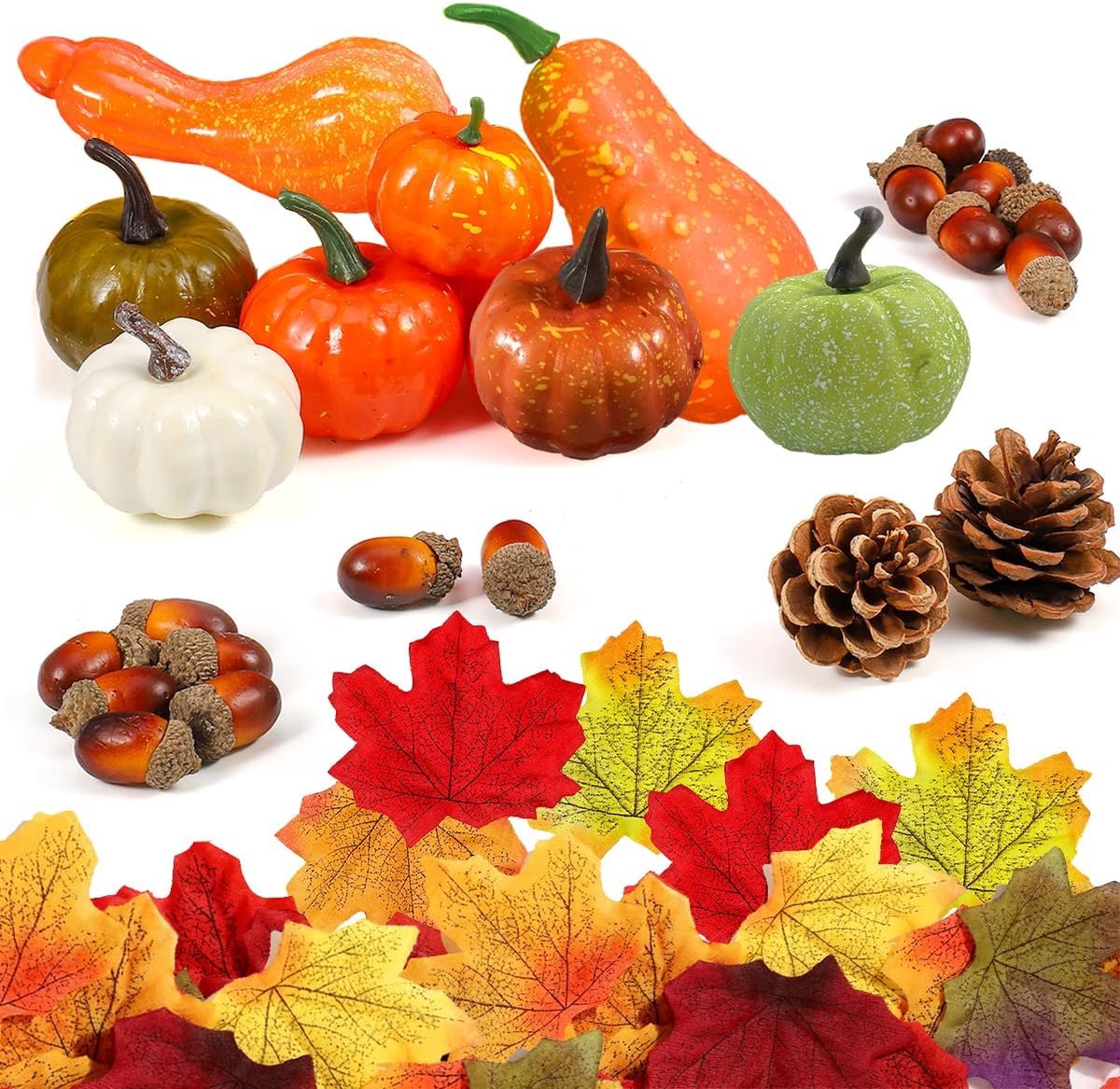 50 stuks pompoen herfstdecoratieset, kunstpompoen, herfstdecoratie, kunstesdoornbladeren, kleine eikels, dennenappels en pompoen, mini-kunstpompoenen