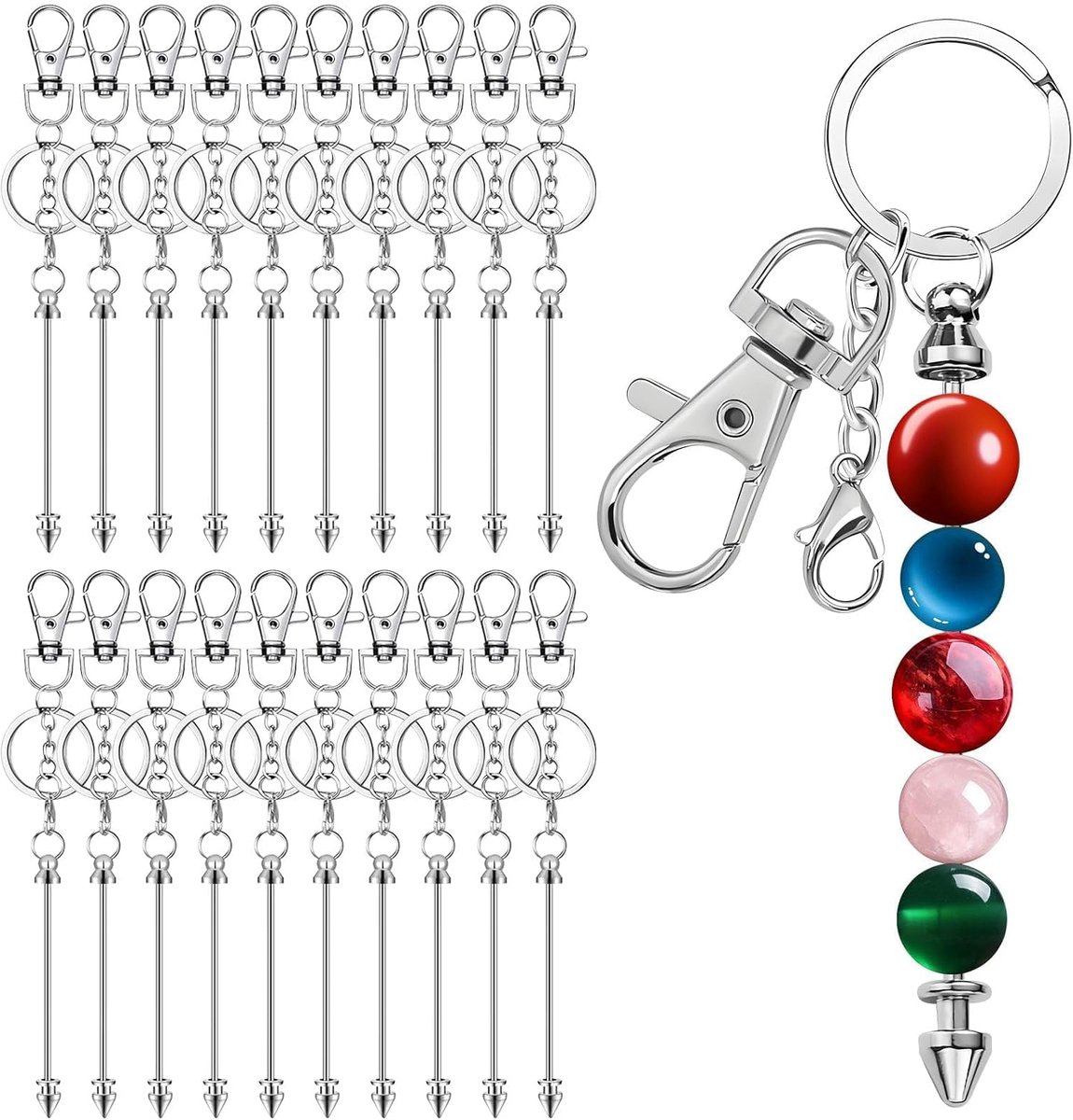 20 stuks Kraalbare Sleutelhangers Manufacturing Set - Metalen Bolvormige Bar Lege Zilveren Kralen Kit voor Make-Het-Zelf Sluiting