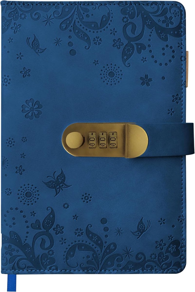 Dagboek Met Slot, A5 Pu-Leren Blanco Notitieboek Met Reliëfcover, 200 Pagina's, 100g Papier, Cashew Blossom Vintage Lock Notitieboek Met 3 Gekleurde Gebogen Pennen, Afsluitbaar Dagboek- Blauw