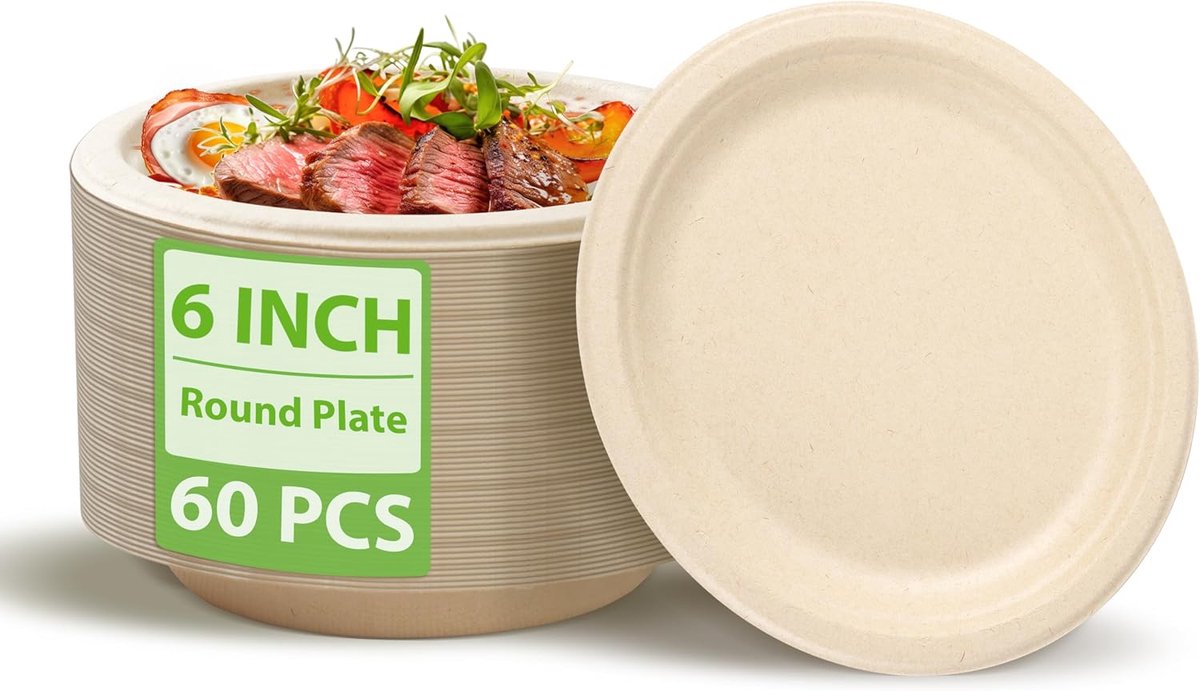 6 Inch 60PACK Bamboe Vezel en Suikerriet Vezel Pulp Wegwerp Plaat Heavy-Duty 100% Servies Composteerbare Ronde Platen voor Noedel, Snacks, Dessert