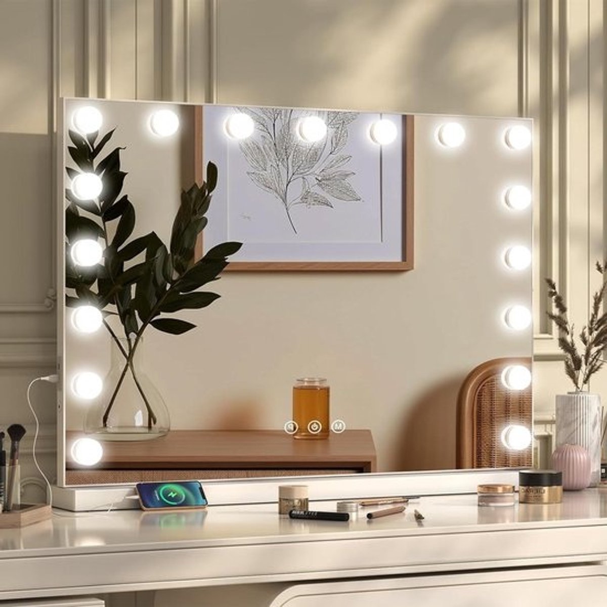 Make-upspiegel met Verlichting - Hollywood Spiegel Tafelspiegel - Make-up Aanbrengen - 3 Lichtkleuren Instelbaar - 80 x 62 cm - Wit
