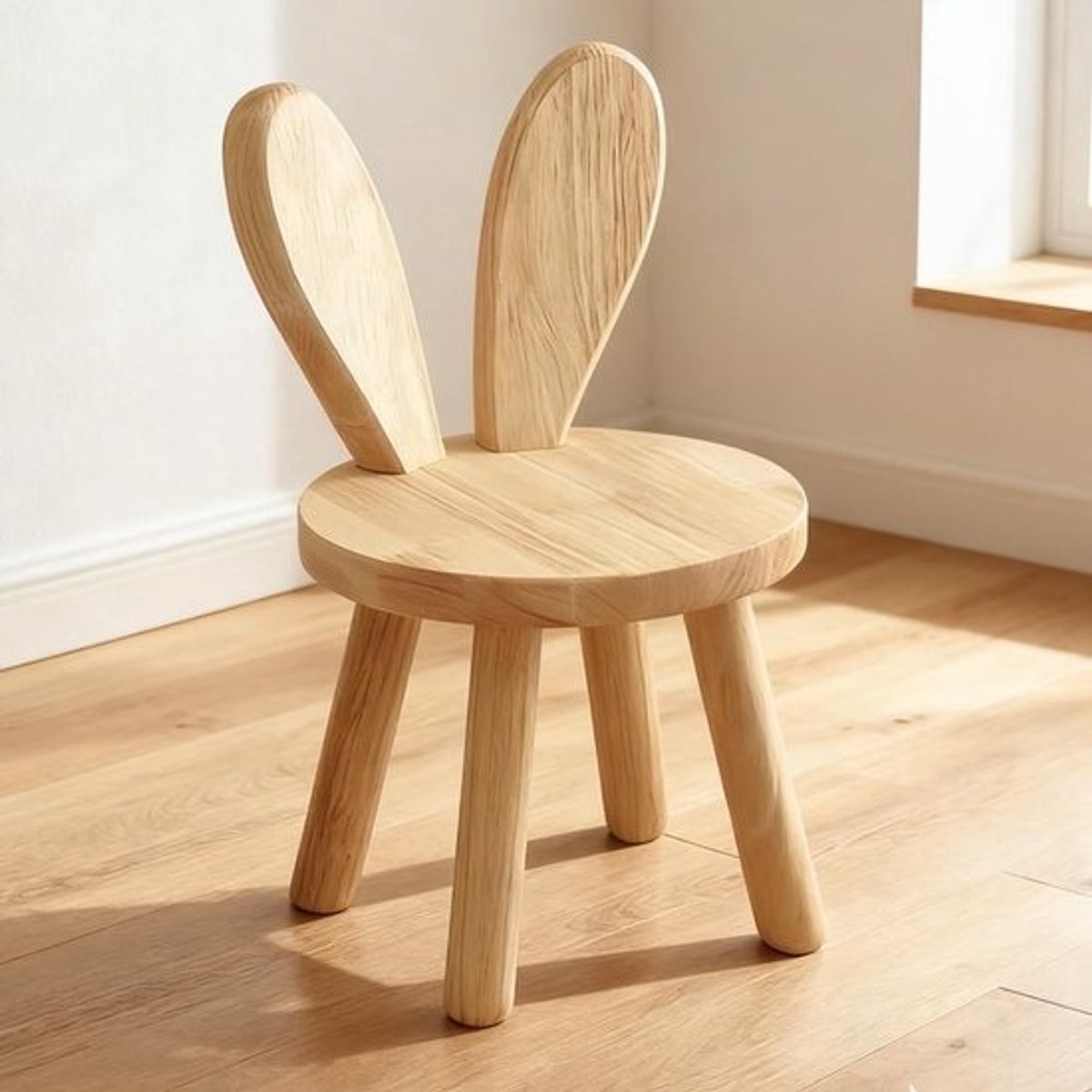 Dailygoods - Massief houten staande kruk, individuele konijnenoren, kinderstoel met konijnenoren rugleuning, rond houten kindermeubel om te eten, te lezen en te spelen
