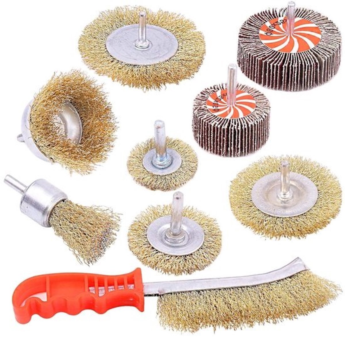 9-delige Messing Coated Draadborstel Set met Schuurwielen en 1/4 Inch Shank, Ideaal voor Verwijderen van Roest, Verf en Vuil