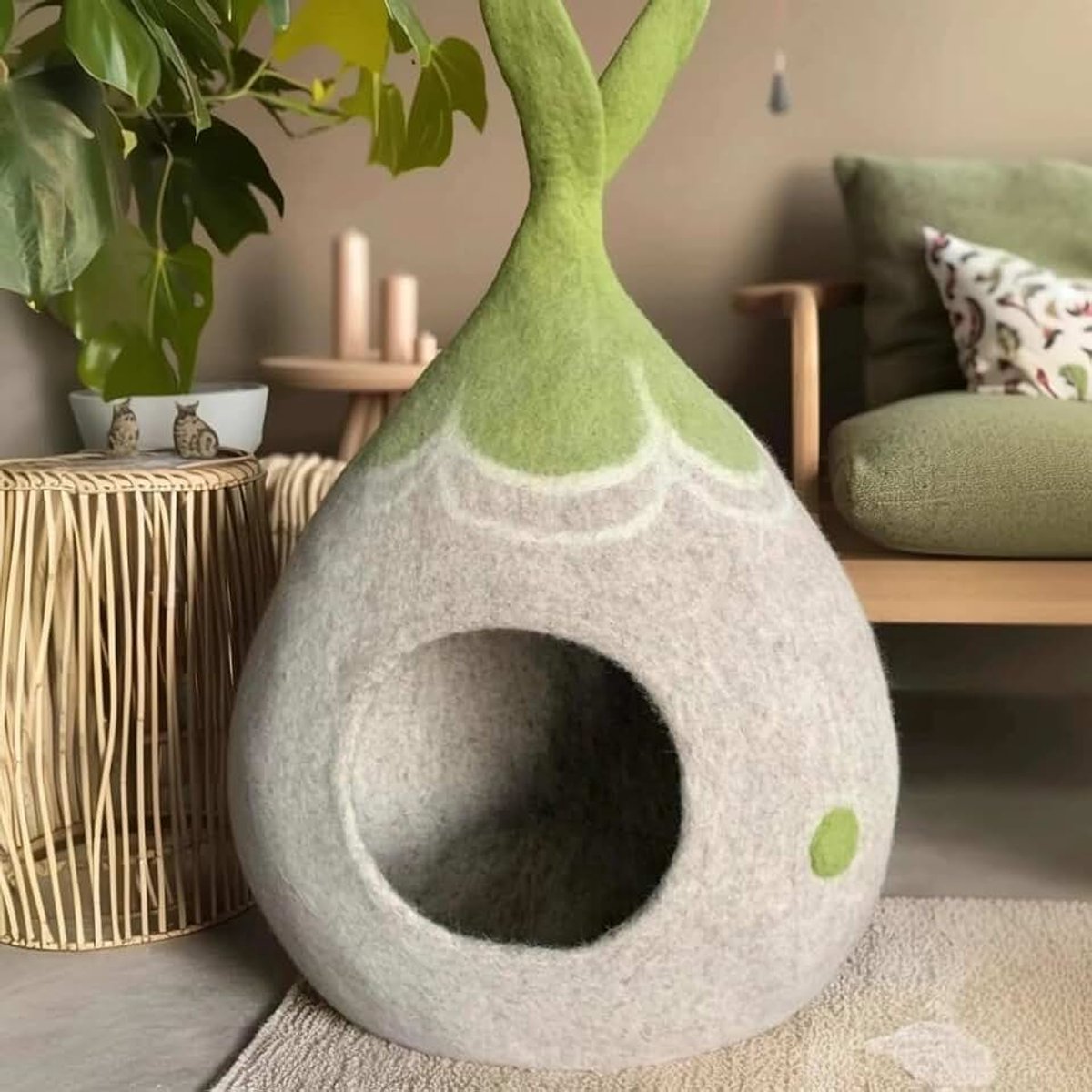 Vilten kattenhuis met bloemenpatroon, 54 x 64 x 28 cm, grijs-groen, kattenmand met 22 cm opening of breedte 60 cm, hoogte 70 cm, diepte 30 cm, opening 24 cm (grijs/groen, groot)
