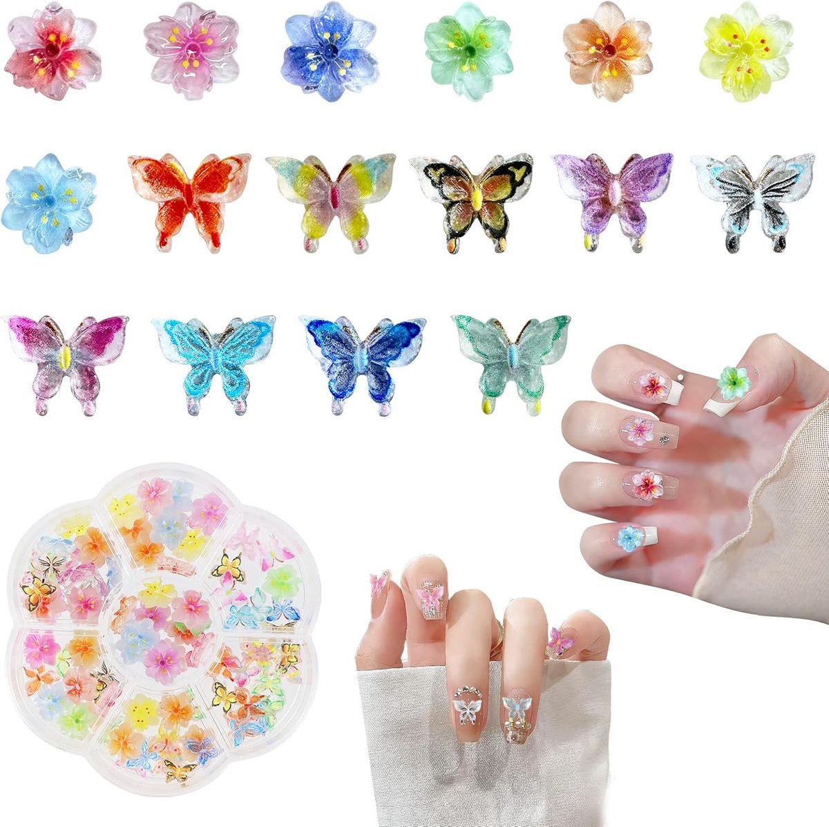 Nagelbedels, nagelbedels, 50 stuks, 3D-bloemen + 50 stuks 3D-vlinder, zomernageldecoratieset vlinder/bloemen, nailart