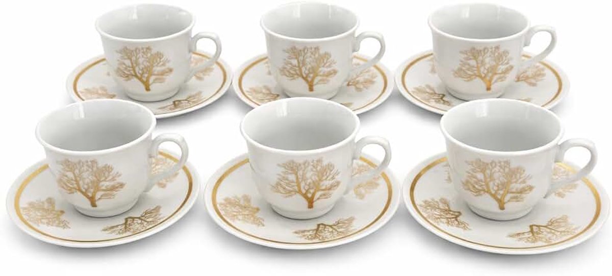 Keramiek, wit met gouden decoratie, 70 ml, met schoteltjes, Turkse mokka-koffiekopjesset