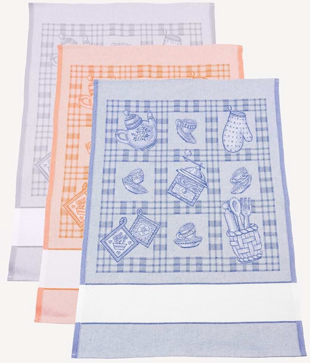 Theedoeken voor keuken van jacquard met Aida canvas inzetstuk met 55 borduurgaten, ideaal voor het drogen van servies, 100% Made in Italy, design keuken, kleur grijs, oranje en blauw