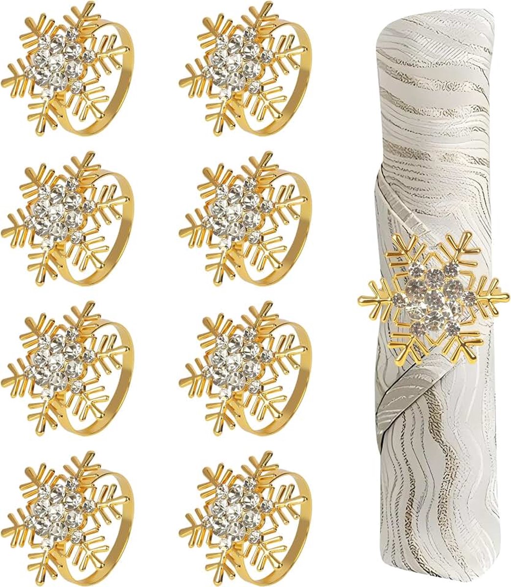 Rond servet, 8 stuks, sneeuwvlok, servetringen, servethouder, Kerstmis, voor tafeldecoratie voor Kerstmis, bruiloften en feesten (goud, cirkelring diameter 4 cm)