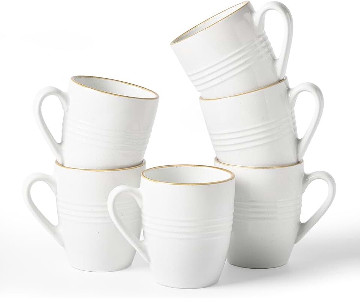 Jupiter 6 keramieken koffiekopjes, 355 ml met handvat, Wit | Kopjes met handvat – voor koffie, thee en warme dranken, ideaal voor in de keuken, eetkamer en bij het ontbijt