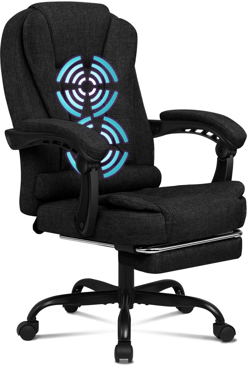 ALFORDSON Kantoortoel, gaming-draaistoel, ergonomisch kussen, lendensteun, wielen, zwarte stof