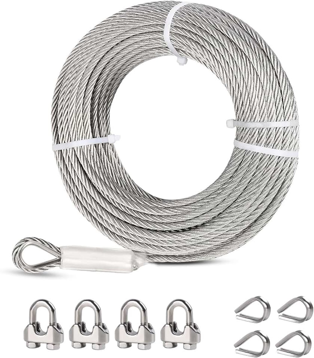 1/4 roestvrij stalen vliegtuigkabel 100ft draadkabel, 7X 19 strengen tokkelkabel, mariene kwaliteit stalen kabel met lussen, 5000 pond breeksterkte voor werf zipline, dek reling, string