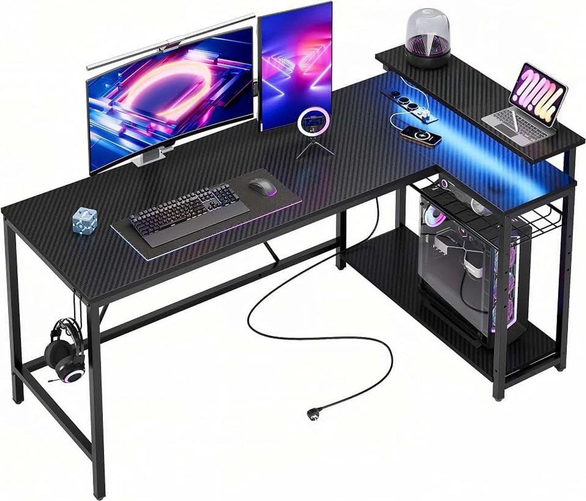 Bureautafel met LED-verlichting, hoekbureau met 2 USB-oplaadpoorten en 3 stopcontacten, gaming-tafel in L-vorm met rek & monitorstandaard, grote tafel voor kantoor, slaapkamer, 147